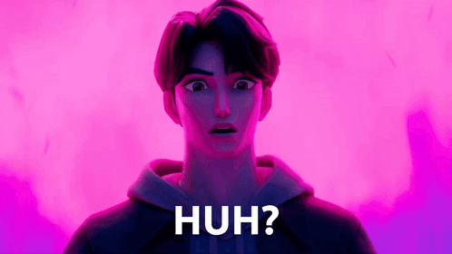 A Man In A Hoodie Is Standing In Front Of A Pink Background With The Words Huh Written In White Letters GIF