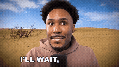 A Man In A Hoodie Says " I 'Ll Wait " In Front Of A Desert GIF