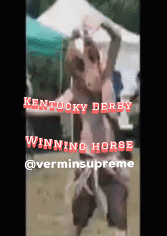 A Man In A Horse Costume Is Dancing In Front Of A Tent With Kentucky Derby Winning Horse Written On The Bottom GIF