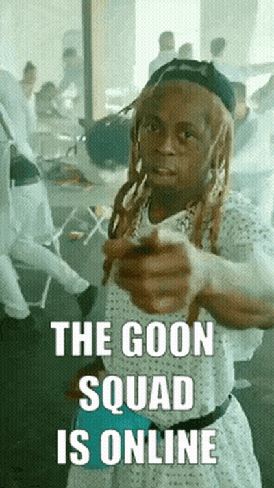 A Man In A Hospital Gown Is Pointing At The Camera And The Goon Squad Is Online GIF