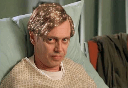 A Man In A Hospital Gown Is Sitting In A Hospital Bed With Sparkles In His Hair . GIF