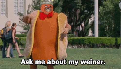 A Man In A Hot Dog Costume Is Saying Ask Me About My Weiner GIF