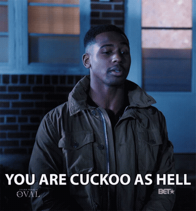 A Man In A Jacket With The Words You Are Cuckoo As Hell Below Him GIF