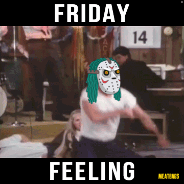 A Man In A Jason Voorhees Mask Is Dancing In Front Of A Sign That Says Friday 14 Feeling GIF