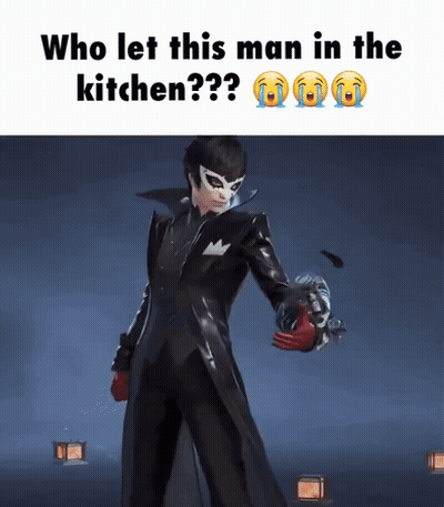 A Man In A Joker Costume Is Holding A Gun With The Caption " Who Let This Man In The Kitchen ?? " GIF