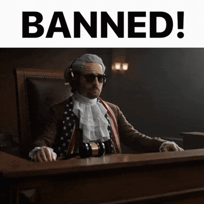 A Man In A Judge 'S Chair With The Words Banned Behind Him GIF