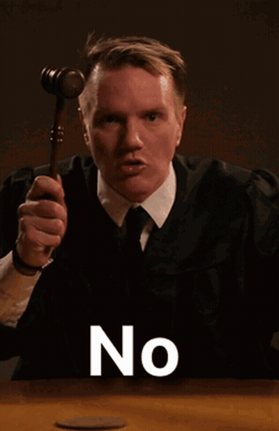 A Man In A Judge 'S Robe Is Holding A Gavel And The Word No Is On The Screen GIF
