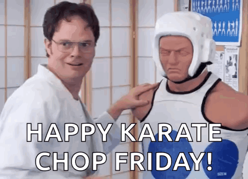 A Man In A Karate Uniform Is Putting A Helmet On A Mannequin And Says Happy Karate Chop Friday . GIF