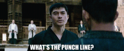 A Man In A Karate Uniform Is Talking To Another Man And Asking What 'S The Punch Line ? GIF