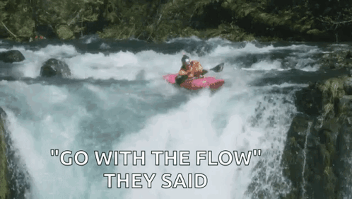A Man In A Kayak Is Going Through A Waterfall With The Words Go With The Flow They Said GIF