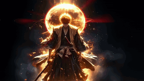 A Man In A Kimono Holding A Sword Stands In Front Of A Large Fireball GIF