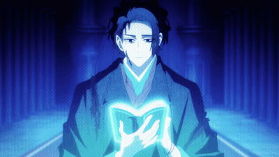 A Man In A Kimono Is Holding A Book With A Blue Light Coming Out Of His Hands GIF