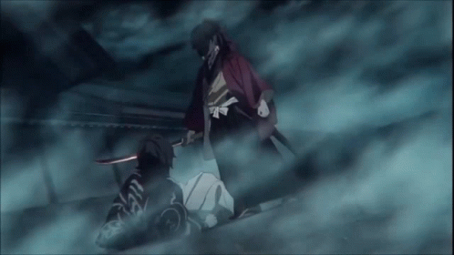 A Man In A Kimono Is Holding A Sword While Another Man Is Laying On The Ground GIF