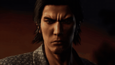 A Man In A Kimono Is Standing In A Dark Room Holding A Sword GIF