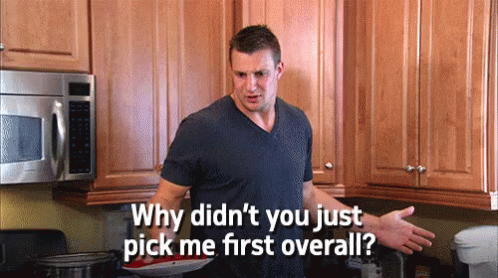 A Man In A Kitchen Says " Why Didn 'T You Just Pick Me First Overall ? " GIF