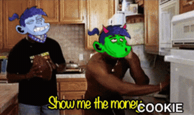 A Man In A Kitchen With A Cartoon Character On His Face And The Words Show Me The Money Cookie GIF