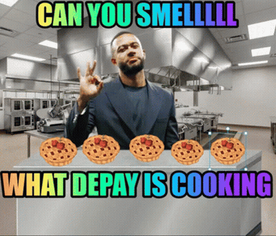 A Man In A Kitchen With The Words " Can You Smell What Depay Is Cooking " GIF