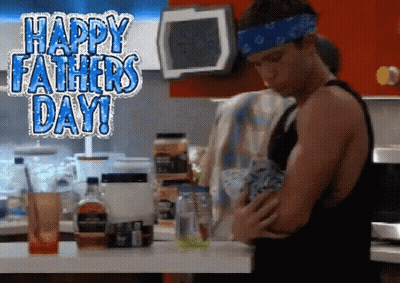 A Man In A Kitchen With The Words Happy Father 'S Day Written On The Top GIF