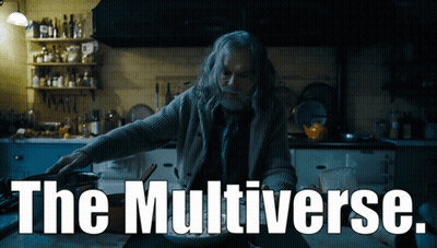 A Man In A Kitchen With The Words The Multiverse Behind Him GIF