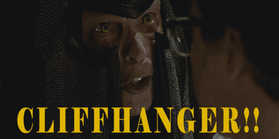 A Man In A Knight 'S Armor Is Talking To Another Man With The Words Cliffhanger Written Below Him GIF