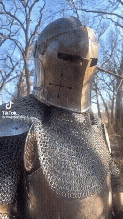 A Man In A Knight 'S Helmet And Chain Mail Is Standing In A Forest . GIF