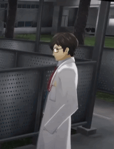 A Man In A Lab Coat And Tie Is Standing In Front Of A Fence . GIF