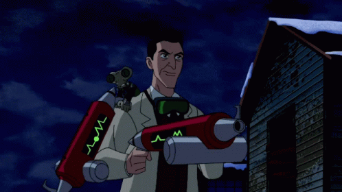A Man In A Lab Coat Is Holding A Gun That Says ' Mr ' On It GIF