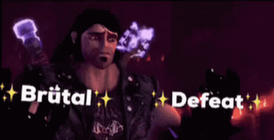 A Man In A Leather Jacket Is Holding A Fist And The Words Brutal And Defeat Are Written Above Him . GIF