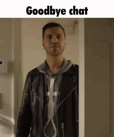 A Man In A Leather Jacket Is Standing In A Doorway With The Words Goodbye Chat Below Him GIF
