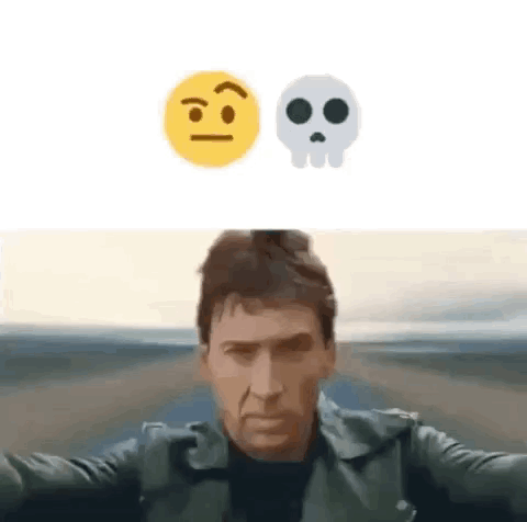 A Man In A Leather Jacket Is Taking A Selfie With A Skull And Smiley Face . GIF