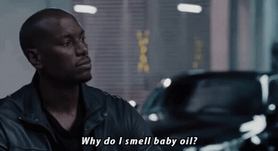 A Man In A Leather Jacket Says Why Do I Smell Baby Oil . GIF