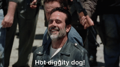 A Man In A Leather Jacket With The Words Hot Diggity Dog On The Bottom GIF