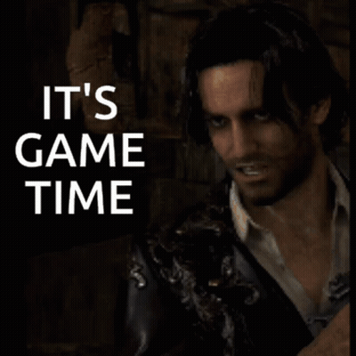 A Man In A Leather Jacket With The Words It 'S Game Time Behind Him GIF
