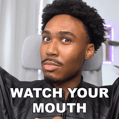 A Man In A Leather Jacket With The Words Watch Your Mouth On The Bottom GIF