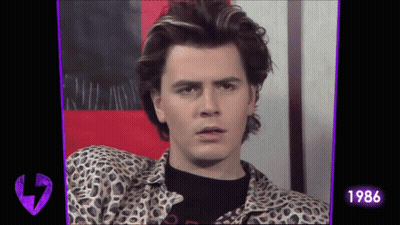 A Man In A Leopard Print Shirt Looks At The Camera With The Year 1986 On The Bottom GIF