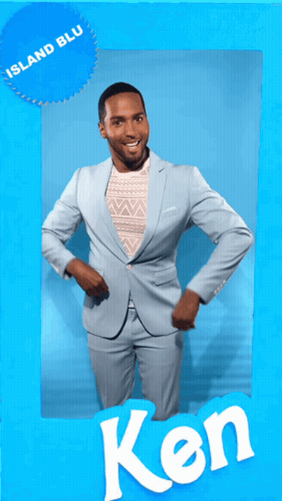 A Man In A Light Blue Suit Is Dancing In Front Of A Blue Background That Says Island Blu GIF