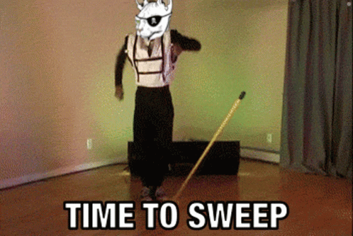 A Man In A Llama Costume Is Dancing With A Mop And The Words Time To Sweep Below Him GIF