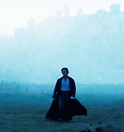 A Man In A Long Black Coat Is Walking Through A Field GIF