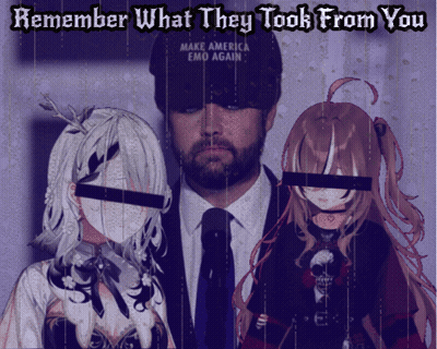 A Man In A Make America Emo Again Hat Stands With Two Anime Girls GIF