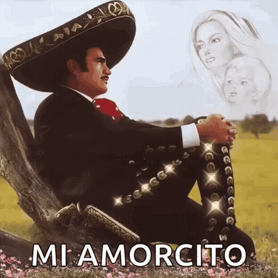 A Man In A Mariachi Outfit Is Sitting On A Tree Branch With The Words " Mi Amorcito " Written Below Him GIF
