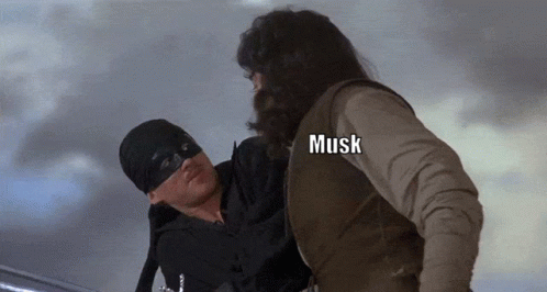 A Man In A Mask Is Being Held By Another Man With Musk Written On The Back GIF