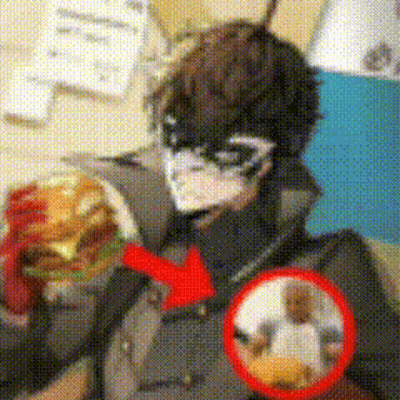 A Man In A Mask Is Eating A Hamburger With A Red Arrow Pointing To A Person In The Background GIF
