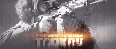A Man In A Mask Is Holding A Gun In Front Of The Words Escape From Tarkov . GIF