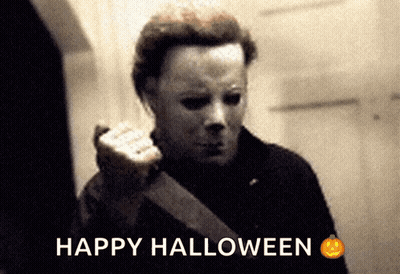 A Man In A Mask Is Holding A Knife And The Words Happy Halloween Are Above Him GIF