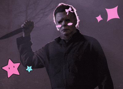 A Man In A Mask Is Holding A Large Knife With Pink Stars Around Him GIF