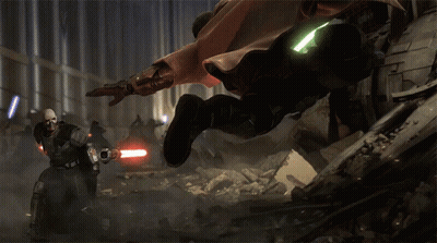 A Man In A Mask Is Holding A Red Light Saber In His Hand GIF