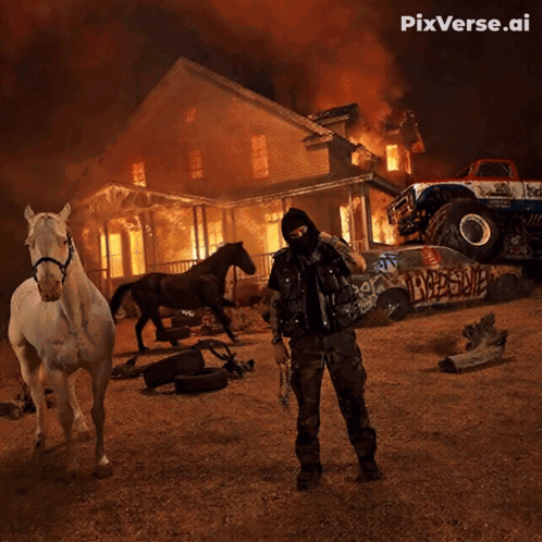 A Man In A Mask Is Standing In Front Of A Burning House And A Monster Truck GIF