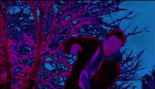 A Man In A Mask Is Standing In Front Of A Tree In A Dark Room . GIF