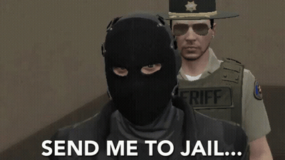 A Man In A Mask Is Standing Next To A Sheriff With The Words Send Me To Jail Below Him GIF