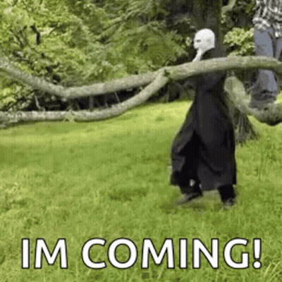 A Man In A Mask Is Walking Through A Field Holding A Tree Branch . GIF
